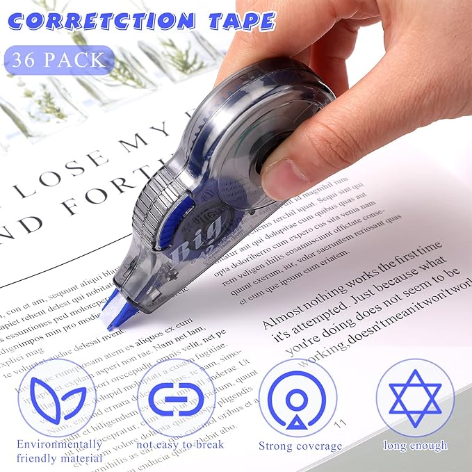 Chivao 36 Pack White Correction Tape, Classroom Correction Tape Wipe out Easy to Use Applicator Translucent Dispenser Shows for School Office Note Journal, 0.2 Inch x 39.4 Feet