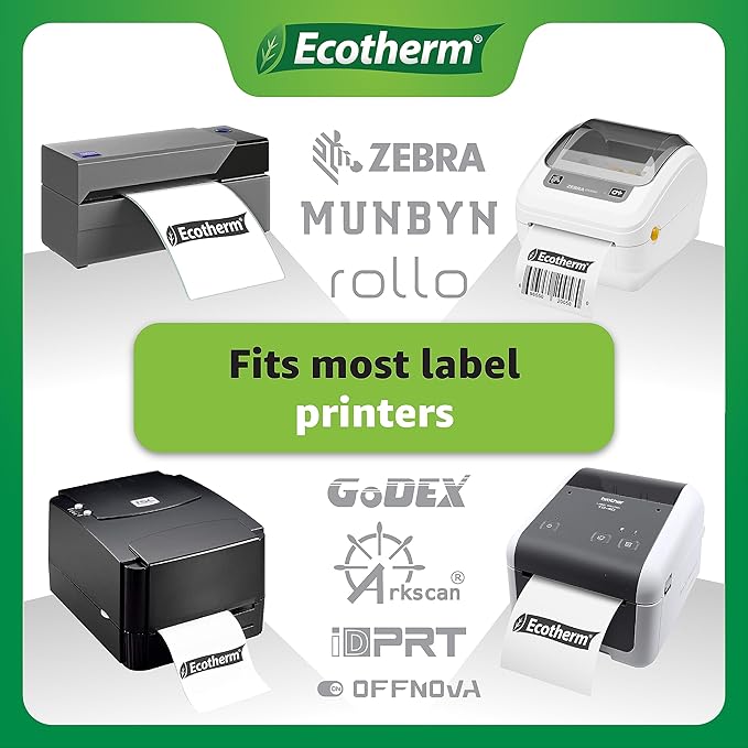 4" x 2" Thermal Labels | 6 Rolls | 7500 Labels | fits Zebra, Munbyn, Rollo, Godex, Arkscan, iDPRT, Offnova Thermal Label Printers and More | Blank White Adhesive Stickers by Ecotherm