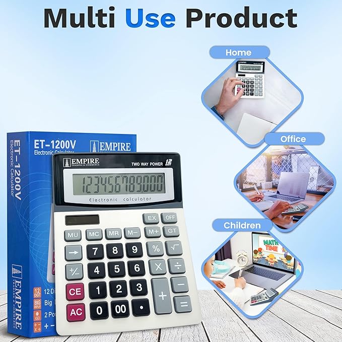 Empire Desk Calculator with Large Key Buttons, 12-Digit Large Eye-Angled Display, Solar & Battery Powered - Basic Calculator for Students, Home and Office Use (Battery Included)