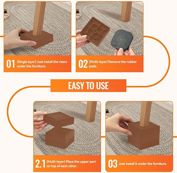shouwuhho Furniture Risers, 12 Pack Bed Risers with Non-Slip Grip and Heavy Duty Support, 1 Inch 2 Inch 3 Inch 4 Inch Height Lift for Couch, Sofa, Table, Desk, Chair, Refrigerator - Brown, 1 Inch