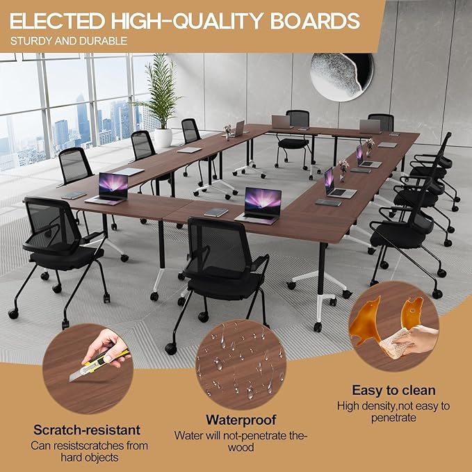 Folding Conference Table 4ft 5ft, Foldable Office Meeting Desk for 6 People, Multiple Sizes Colors Mobile Conference Room Table for Training Room School Business Furniture (2, Walnut, 63in)