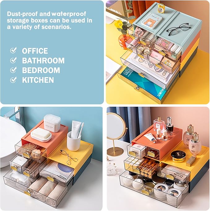 DETEIN 2PACK Stackable Desktop Organizer with Drawer 6.5"x9"x3" Desk Storage Drawer Office Plastic Organizer Clear Small Drawer for Pens, Stationery, Accessories, Make Up (Yellow, M - 1 Drawer)