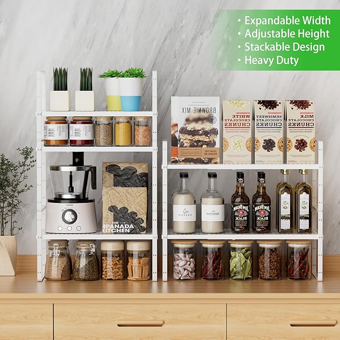 SOFRON Expandable Cabinet Storage Shelf Stackable Organizer Rack for Kitchen Bathroom Pantry Spice Cupboard Coffee Countertop Home Office Desk Heavy Duty Nonslip White Large 1 Pack