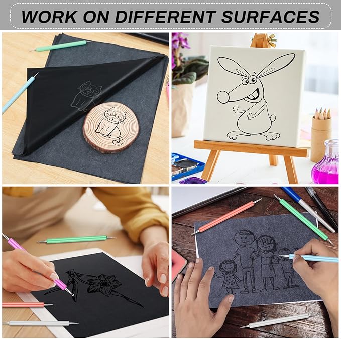 Carbon Transfer Copy Paper with Embossing Stylus Tool for Tracing, Cridoz 30 Sheets Graphite Transfer Tracing Paper with 5 Pcs Embossing Dot Tools for Tracing on Wood, Paper, Canvas (8.5 by 11 Inch)