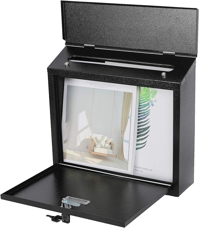 xydled Mail Boxes with Key Lock,Locking Mailbox Wall Mounted,Security Mailbox with Lock and Key,Large Capacity,Steel Cover Metal Postbox for House,14.2X 4X 12.6 Inch, Black