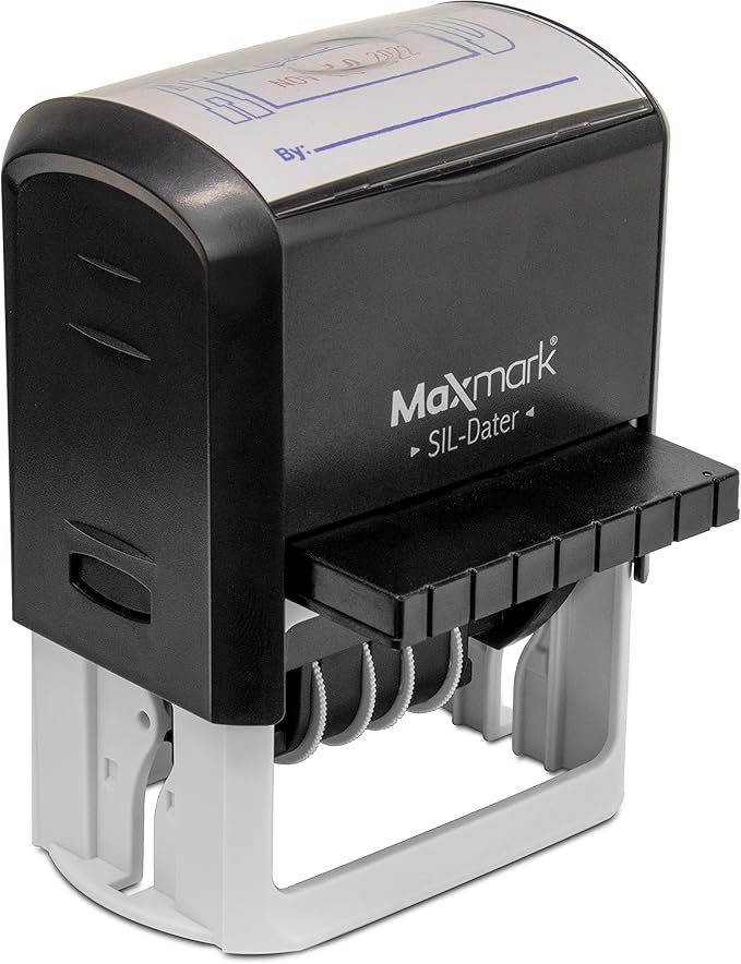 MaxMark Large Self-Inking Rubber Date Office Stamp with Scanned Phrase & Date - Red Ink, 12-Year Band - Style 5