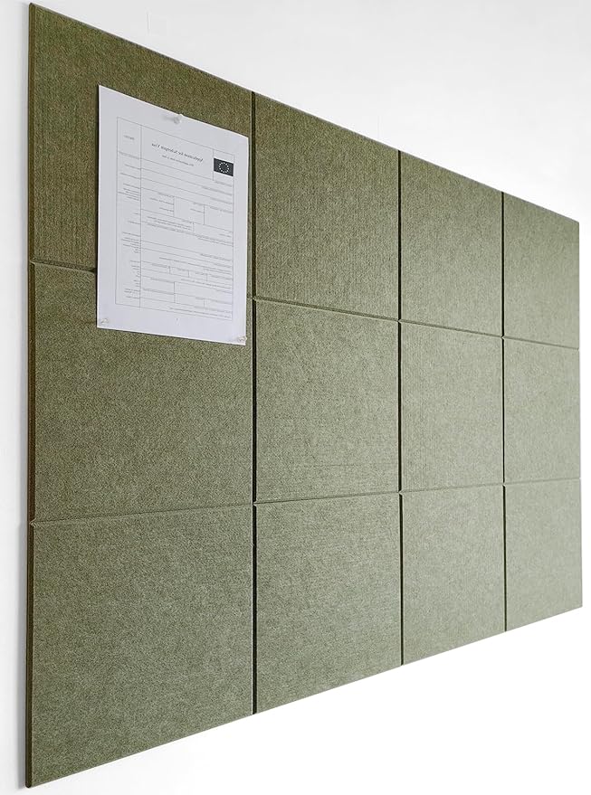 DECORITA Green Bulletin Board | Cork Boards for Walls | Felt Cork Board for Office, Home & Classroom | Green Office Classroom Supplies | Felt Wall Tiles (12-Pack) | Olive