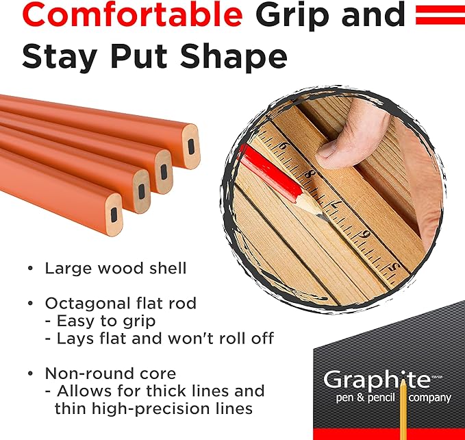 GRAPHITE Hard Lead Carpenter Pencils Bulk - (1) Pack of 12 Pieces Lumber Wooden Pencil #2 (HB) - Neon Orange