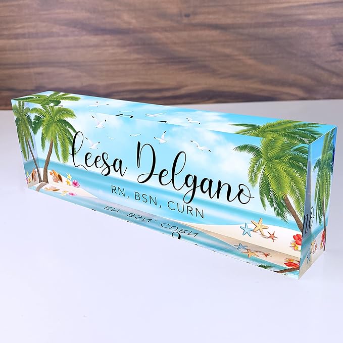 Artblox Office Desk Name Plate Personalized | Custom Name Plates for Desks | Sea Beach Design On Clear Acrylic Glass | Office Desk Decor - (8" x 2.5")