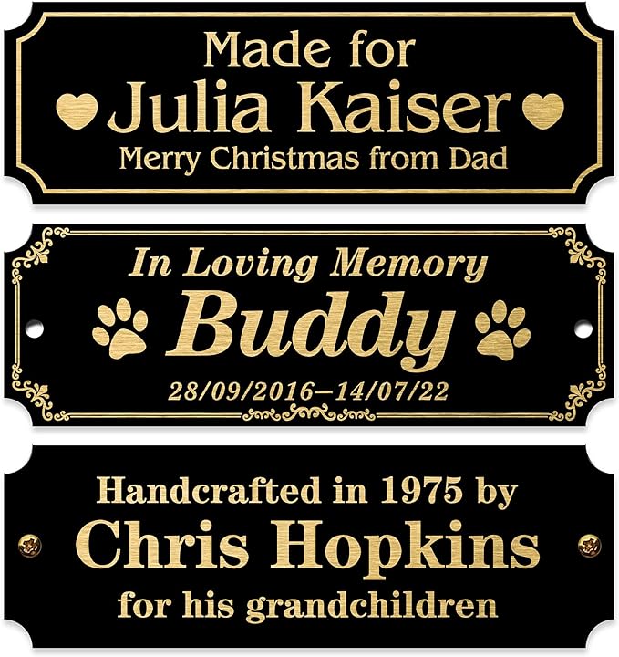 Caramel Sweet Life Personalized Name Plates, Black Engraved Plaque with Gold Text, Trophy Plates Engraved, Custom Name Plate with Adhesive Backing or Screws, 3" W x 1" H