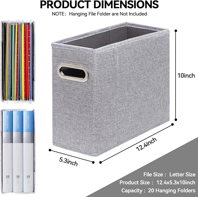 ComfortKeeper 2 Packs Letter Size File Organizer, File Folders Organizer, Fabric Storage Box, Collapsible Paper Organizer with Metal Handle, Smooth PVC Rails, Only Box (Gray)