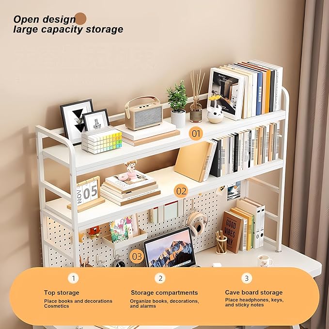 ZWCQSYS 2-Tier Desktop Bookshelf Hutch - Metal Desk Shelf Bookcase with Desk Pegboard Countertop Storage Organizer Rack for Dorm or Office (B, 110cm/43in)