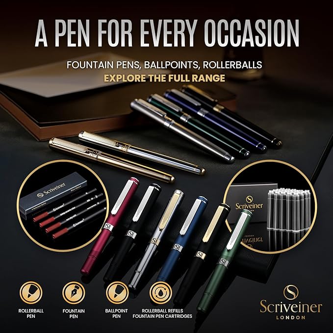 Scriveiner Luxury EDC Fountain Pen (Medium), Stunning Matt Blue Pocket Pen, Chrome Finish, Schmidt German Nib, Converter, Best Writing Pen Gift Set for Men & Women, Nice Fancy Office Designer Pen