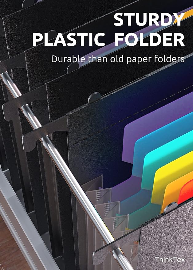 ThinkTex Plastic Expanding Hanging File Folders, 7 Innovative 1.2" Accordion Pockets, Large Capacity, Multi-Color Tabs, Letter Size for Filing Cabinet - 1 Pack