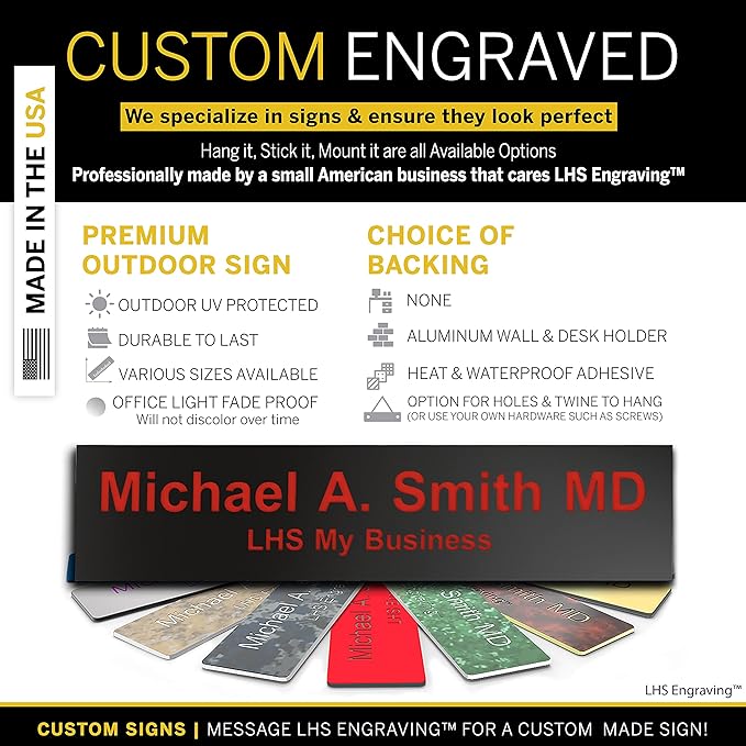 Engraved Name Plates for Door Sign Personalized Black Plastic Plaque with Red Letters - Made in USA 2x10 B19