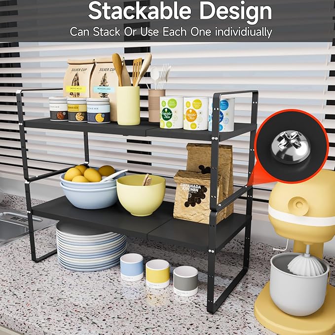 jkxoo 2Pack 16.5-27’’L Expandable Kitchen Shelf Organizer, Stackable Shelves Organizer, Adjustable Height Pantry Spice Rack for Cabinet, Countertop, Pantry and Cupboard, Black