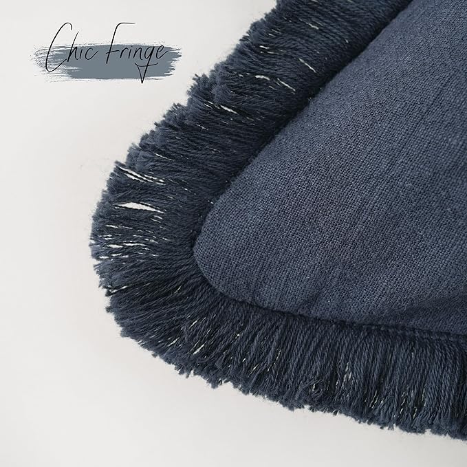 Foindtower Set of 2 Decorative Linen Fringe Lumbar Throw Pillow Covers Boho Farmhouse Cushion Cover with Tassels Soft Cozy Accent Pillowcase for Sofa Couch Living Room Home Decor,12×20 Inch,Navy Blue