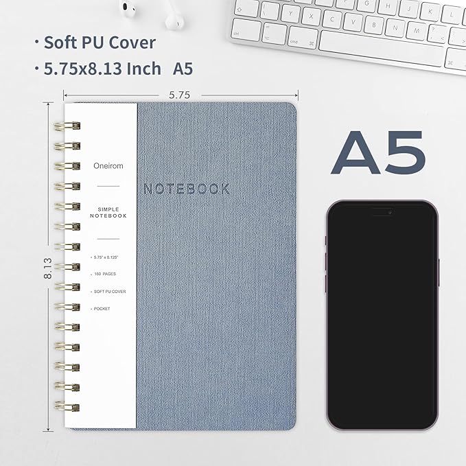 Spiral Notebook-5.75" x 8.125" College Ruled Journal with Inner Pockets and 160 Pages,PU Leather Cover Business Journal, Twin-Wire Binding Notebook Perfect for Office & Home School Supplies 6 pack Black/Reefblue