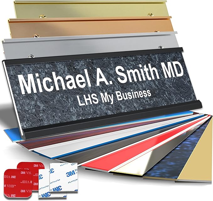 Personalized Name Plate with Choice of Mounting Holders for Walls, Doors, Cubicles, Hanging and More - Custom Mojave Black Plastic White Letters - USA Made 2x10 - N8