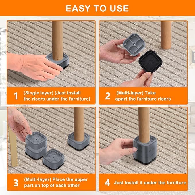shouwuhho 6 Pack Furniture Risers Adjustable Bed Risers Heavy Duty Lifts Height 1", Square Stackable Bed Risers 1, 2 or 3 Inch for Desk Leg Table Couch Sofa Chair Bed Frame Legs Dorm, Gray