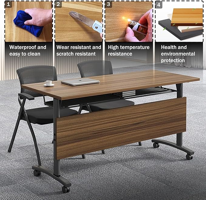 Folding Conference Table,61in Rectangle Conference Room Tables,Large Rolling Meeting Seminar Tables for 2-8 People,Mobile Training Table with Caster,Collapsible Conference Training Tables for Office