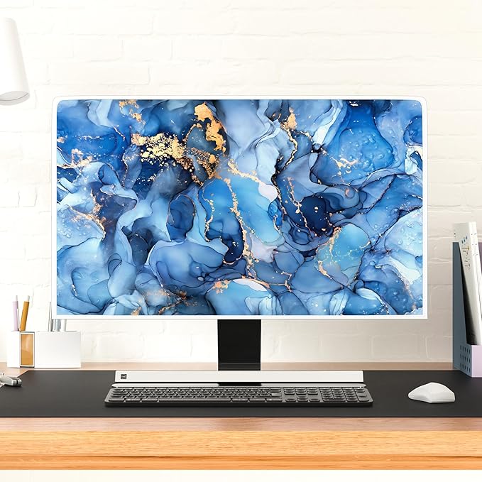 Baocicco Navy Blue Gold Marble Computer Monitor Dust Cover Creative Texture Grain Computer Screen Cover Panel Case Computer Screen Protective LCD/LED/HD 26, 27, 28 Inch Modern HD Monitor Decors