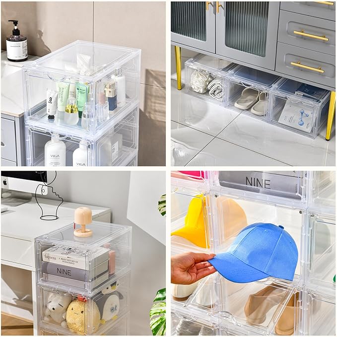 Clemate Upgraded X-Large Shoe Storage Box,8 Pack,Shoe Box Clear Plastic Stackable,Drop Front Shoe Box with Clear Door,Shoe Organizer and Shoe Containers For Sneaker Display,Fit up to US Size13