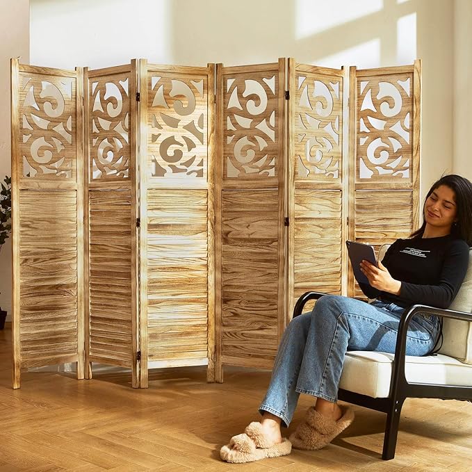 Room Divider Wood Carved Wall Divider Indoor Folding Portable Partition Screen for Home Office Garden Terrace - 6 Panel, 67 * 90inch (Wood)