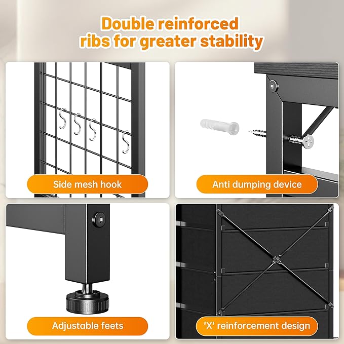 EnHomee 49.2" W Dresser for Bedroom with Hanging Rack 6 Drawers Dresser with LED Lights & Charging Station, Fabric Dressers & Chest of Drawers with 4 Hooks, Wooden Top, Grid Panel, Black