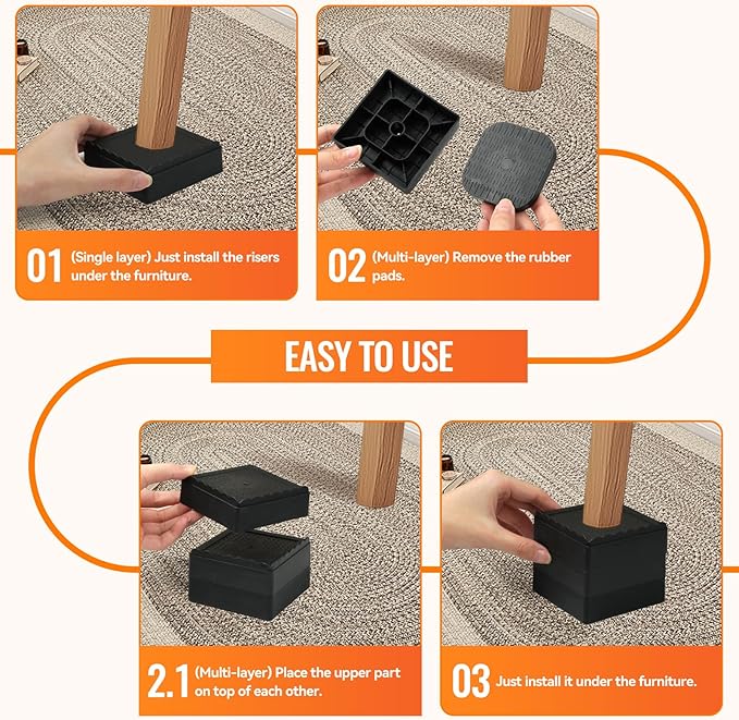 shouwuhho Furniture Risers, 8 Pack Bed Risers with Non-Slip Grip and Heavy Duty Support, 1 Inch 2 Inch 3 Inch 4 Inch Height Lift for Couch, Sofa, Table, Desk, Chair, Refrigerator - Black, 1+1+1 Inch