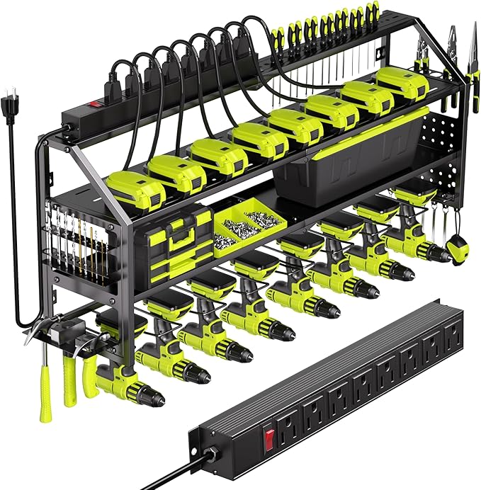 YFFSRJDJ Power Tool Organizer Wall Mount with Charging Station, 8 Drill Holder with 8-Outlet Power Strip, Garage Cordless Drill Storage and Organization, Battery Utility Rack