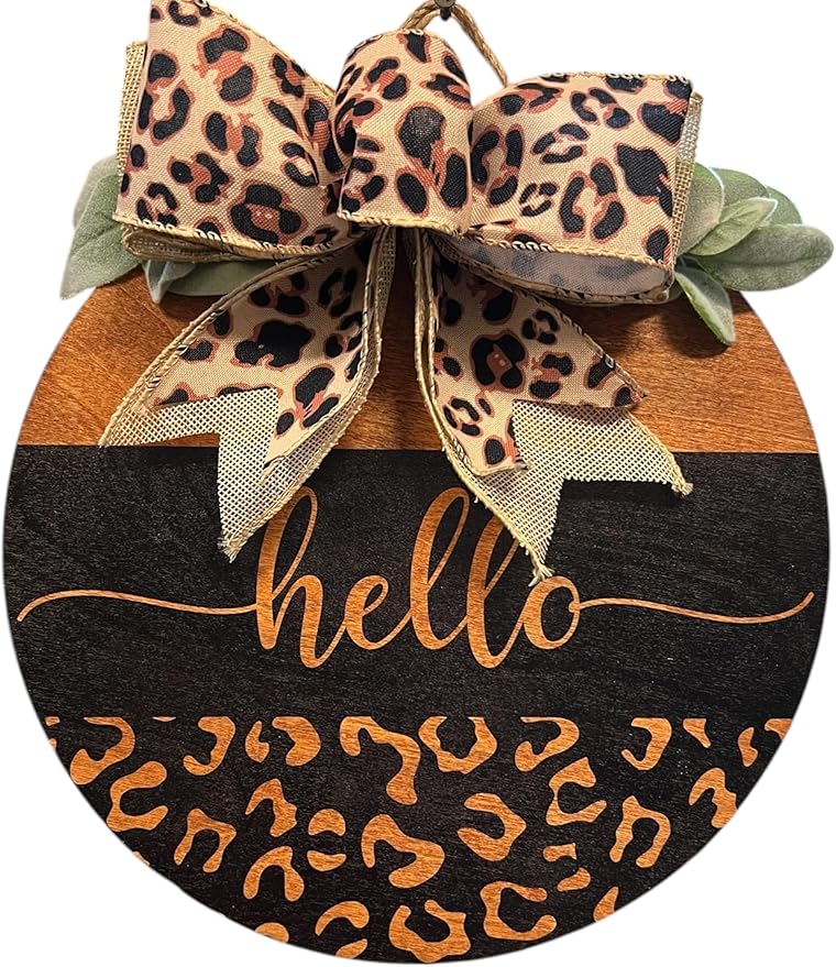 Wood front door sign Wood sign Home decor Welcome sign Sign for front door House warming gift Wedding gift (Hello Cheetah-UV025(A39) S003, 15" Width)