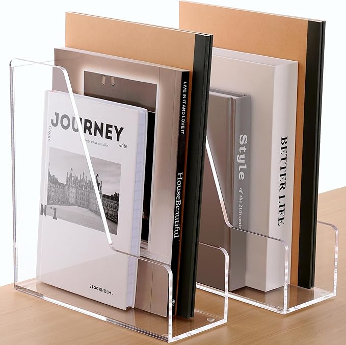 SANRUI Acrylic Magazine File Holders, Classroom Organization and Storage, Clear Bookend File Sorter, Desktop File Organizer 2-Pack