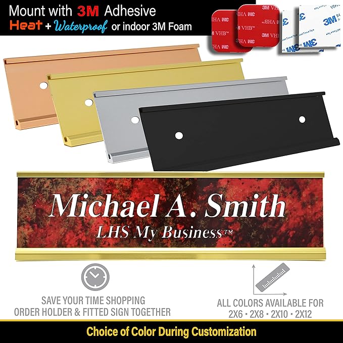 Custom Name Plate with Choice of Mounting for Walls, Doors, Cubicles, Hanging and More - Personalized Brown Plastic White Letters - USA Made 2x10 - B25