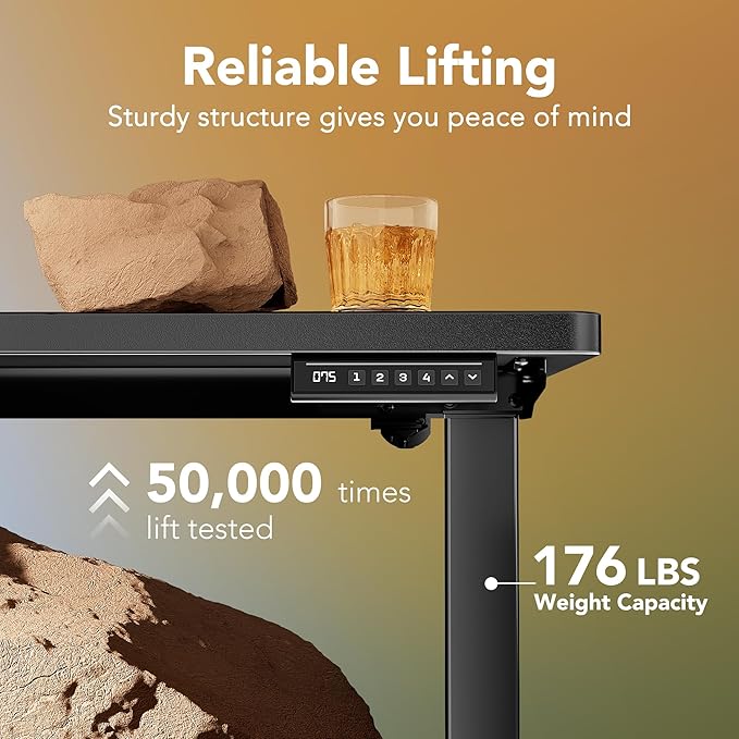 HUANUO 48" x 24" Electric Standing Desk Adjustable Height, 4 Memory Height Settings, Headphone Hook, Cable Manager, Sit Stand Up Desk for Home Office & Computer Workstation, Black