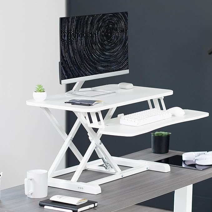 VIVO 28 inch Desk Converter, K Series, Height Adjustable Sit to Stand Riser, Dual Monitor and Laptop Workstation with Keyboard Tray, White, DESK-V028KW