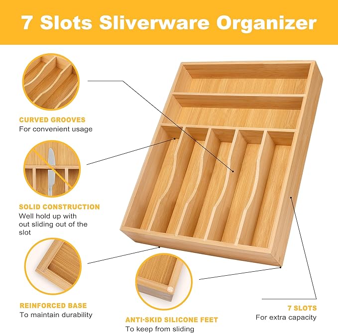 oridom Kitchen Bamboo Silverware Organizer, Kitchen Drawer Organizer - Utensil Holder and Cutlery Tray with Grooved Drawer Dividers for Flatware 7 Slot, Natural