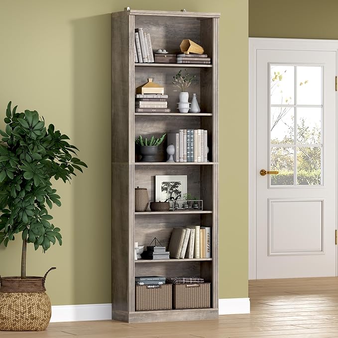 BORNOON 75" Tall Bookshelf, 6-Tier Floor Standing Bookcase with Adjustable Shelves, 24" Wide Open Storage Shelf, Modern Display Organizer for Home Office, Living Room, Bedroom, Study