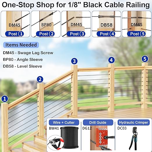 200 Pack Cable Railing Protector Sleeves for 1/8” Deck Railing System, Black Cable Railing Kit Hardware for Wood Post, T316 Stainless Steel Marine Grade DB58