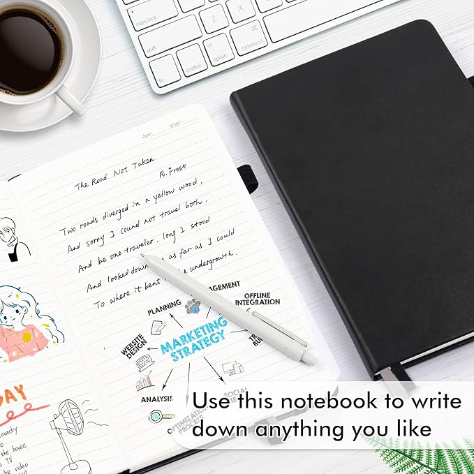 feela 18 Pack Journal Notebook for Work, Business Notebook Bulk Hardcover Lined Writing Journal with Pen Holder for Men Women Note Taking, with 18 Black Pens, 120 GSM, 5.1”x8.3”, A5, Black