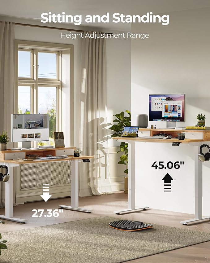 FEZIBO 40 x 24 Inch Height Adjustable Electric Standing Desk with Double Drawer, Stand up Home Office Computer Desk with 4 Height-Adjustable Feets & 2 Hooks, Light Rustic