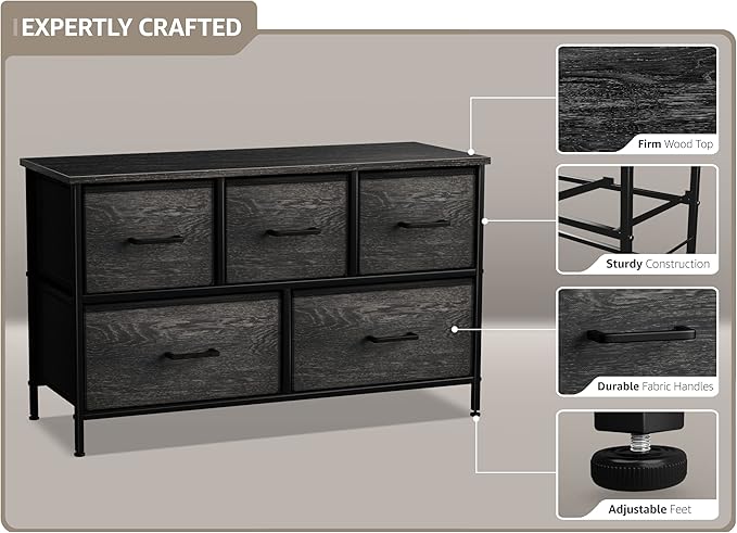 Sorbus Dresser with 5 Faux Wood Drawers - Wide Storage Unit Chest Organizer for Clothes - Bedroom, Living Room, Closet, & Dorm TV Stand Furniture - Steel Frame, Wood Top, & Easy Pull Fabric Bins