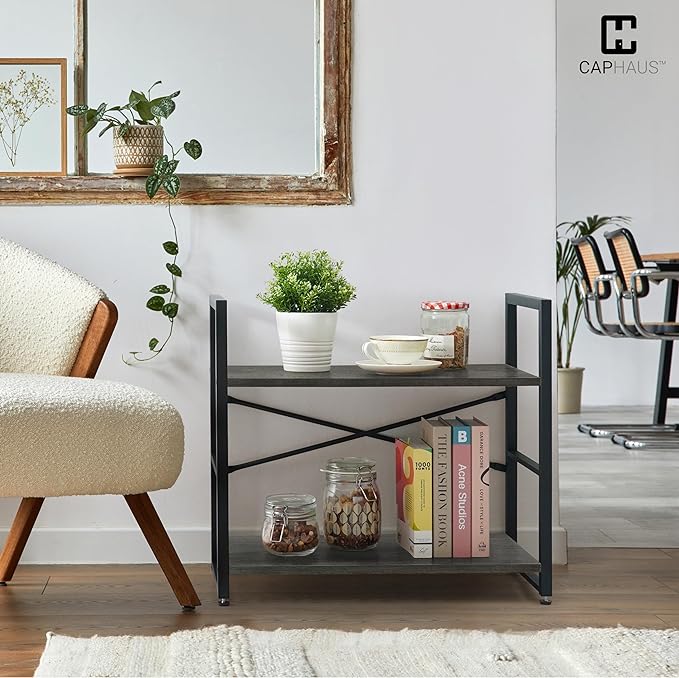 CAPHAUS 2 Tier Small Bookshelf, 24 Inch Width Free Standing Shelf, Bookcase Shelf Storage Organizer, Industrial Book Shelves for Home Office, Living Room, Dark Grey Shelves & Metal Frame