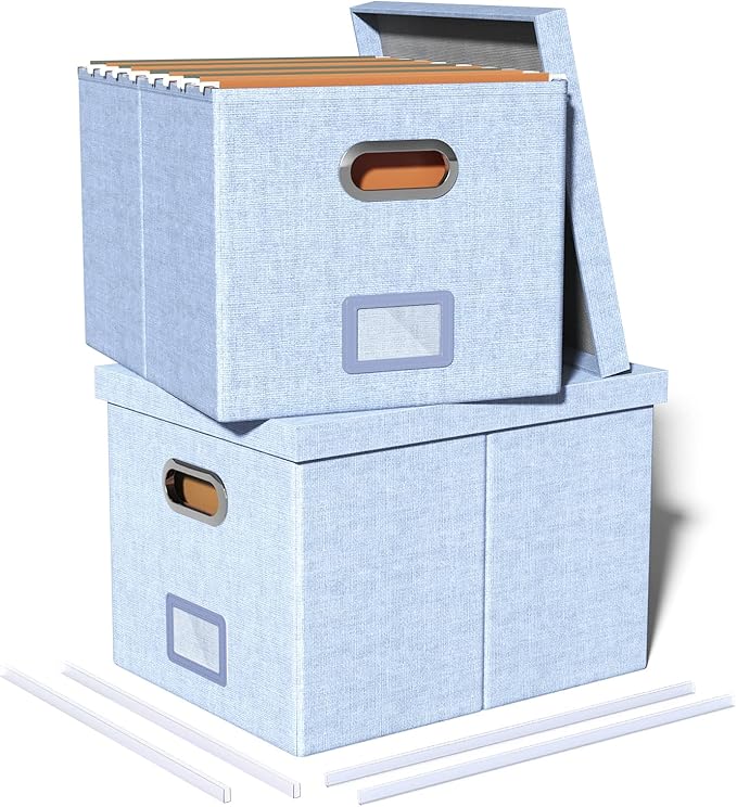 2 Pack File Storage Organizer, Filing Box, Portable File Box with Lid, Fit for Letter/Legal File Folder Storage, Document Organizer, Sky-blue