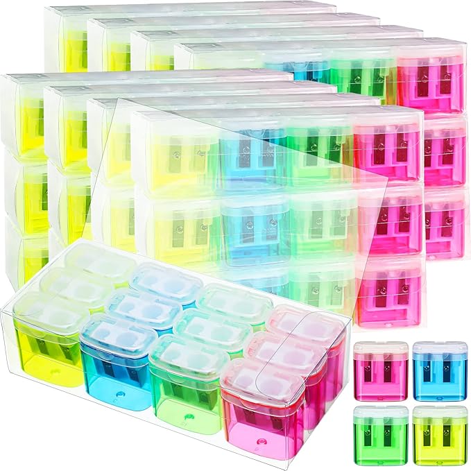 Teling 144 Pcs Manual Pencil Sharpeners Bulk Handheld Dual Holes Pencil Sharpeners for Kids Colorful Portable Compact Sharpener with Lid for Students School Class Home Office Supply
