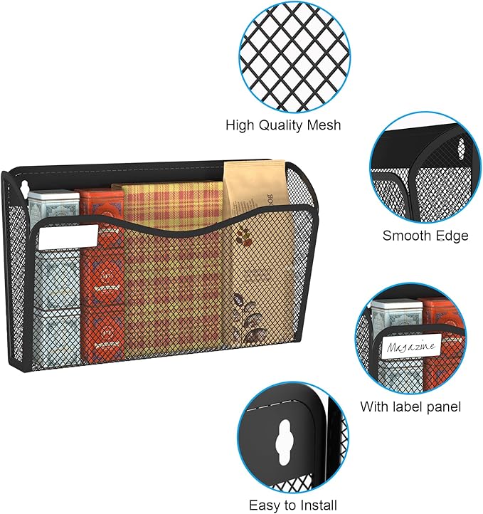 BOHDK Wall File Organizer, Mesh Hanging File Organizer, Home Office Organization and Storage, 3 Single Pockets Document Magazine Rack