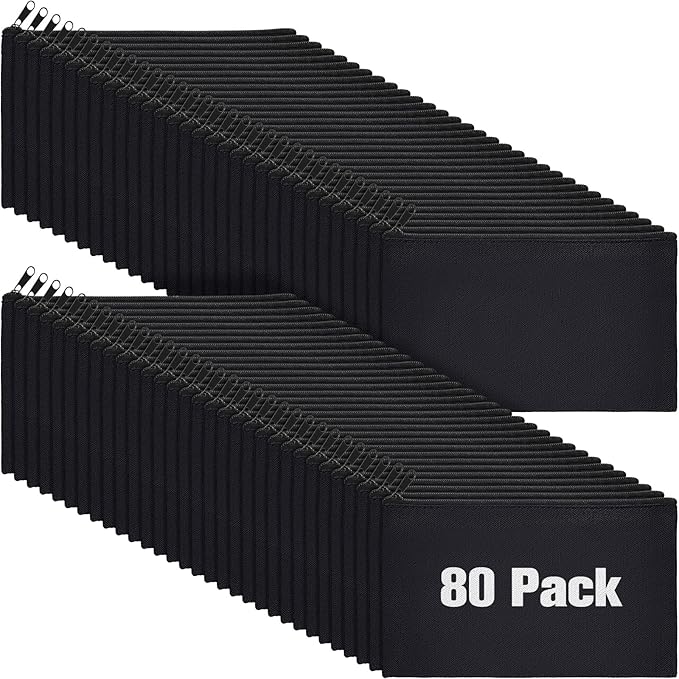 Reginary 80 Pack Canvas Zipper Makeup Bags Bulk Pencil Pouches Blank DIY Craft Canvas Cosmetic Bag Pouch with Zipper for Makeup Cosmetic Toiletry Stationary Storage(All Black)
