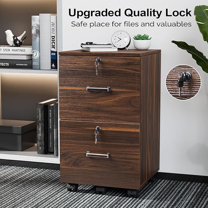 VINGLI 2 Drawer File Cabinet with Lock, Wood Dark Brown File Cabinets for Letter Size File Folders with Tabs, Under Desk Rolling Filing Cabinet for Home Office, Mobile File Organizer Printer Stand
