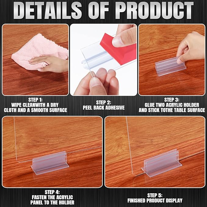 Weysat 6pcs Counter Desk Acrylic Panels Holder and 2 Pcs Acrylic Desk Divider Partition for Business, Office, School 24 x 16 Inches, Fasten Panels from 1/ 8 Inch to 1/ 4 Inch Thick
