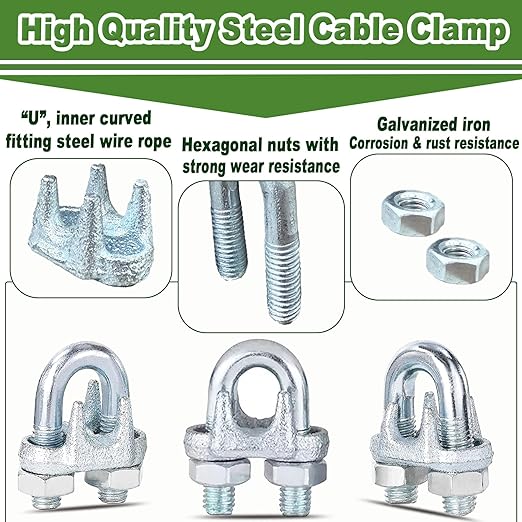 200PCS M6 Galvanized Zinc-Plated Wire Rope Cable Clamp Clips, 1/4" Wire Cable Clamps with U-Bolt Saddle Fasteners for Secure Rigging & Marine Use